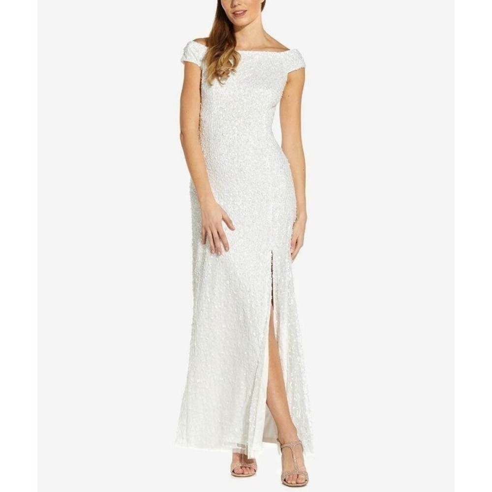 NWT $299 Adrianna Papell [ 12 ]  Sequin Off The Shoulder Front‎ Slit Gown Ivory